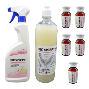 Pachet solutii pentru maini Bioxisept, Spray cu efect antiseptic, 750ml, Gel Dezinfectant, fara clatire 1l si 5buc. 100ml